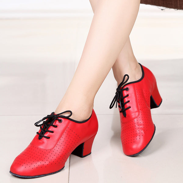 Leather Latin Dance Shoes Mid Heel Soft Sole Dance Shoes - Dorabear