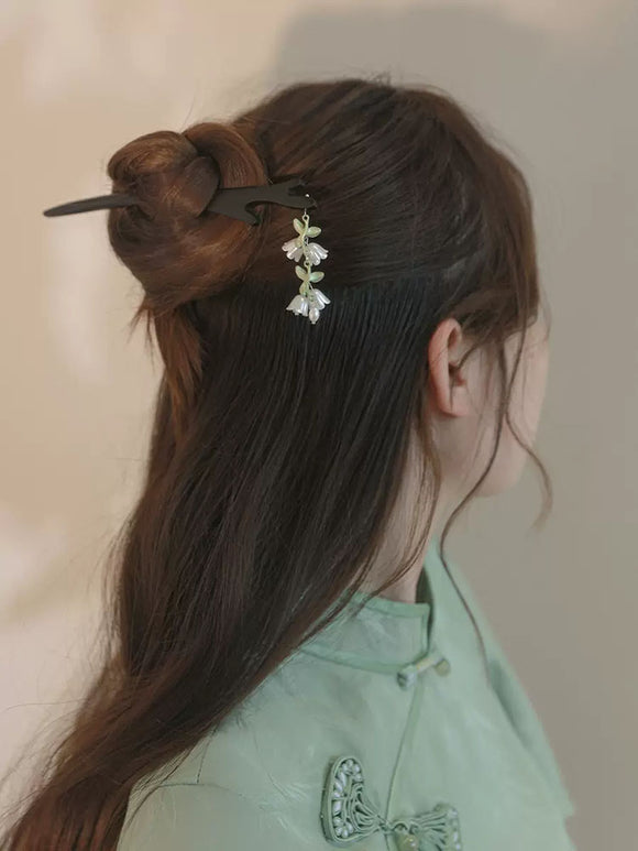 Lily of the Valley Wooden Hairpin Antique Tassel Hair Decoration Coiled Hair Headdress - Dorabear