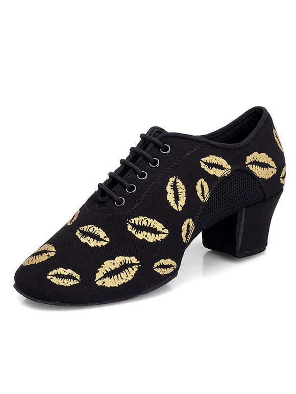 Lip Print Latin Dance Shoes Mid Heel Oxford Soft Sole Mesh Shoes - Dorabear