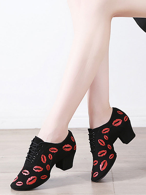 Lip Print Latin Dance Shoes Mid Heel Oxford Soft Sole Mesh Shoes - Dorabear
