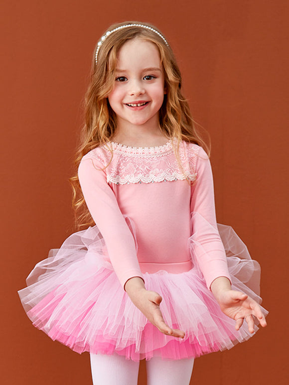 Long Sleeve Lace Paneled Bow Ballet Dress Practice Clothes - Dorabear