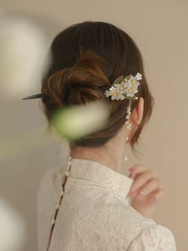Narcissus Tassel Hairpin Coiled Hair Headdress Ancient Style Cheongsam Hair Accessories - Dorabear