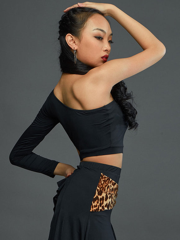 One Shoulder Long Sleeve Asymmetric High Waist Latin Dance Top Practice Clothes - Dorabear