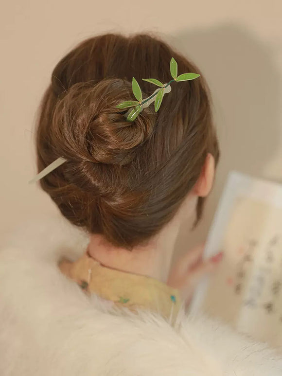 Oriental Element Bamboo Leaf Hairpin Ancient Style Coiled Hair Hairpin Cheongsam Head Ornament - Dorabear