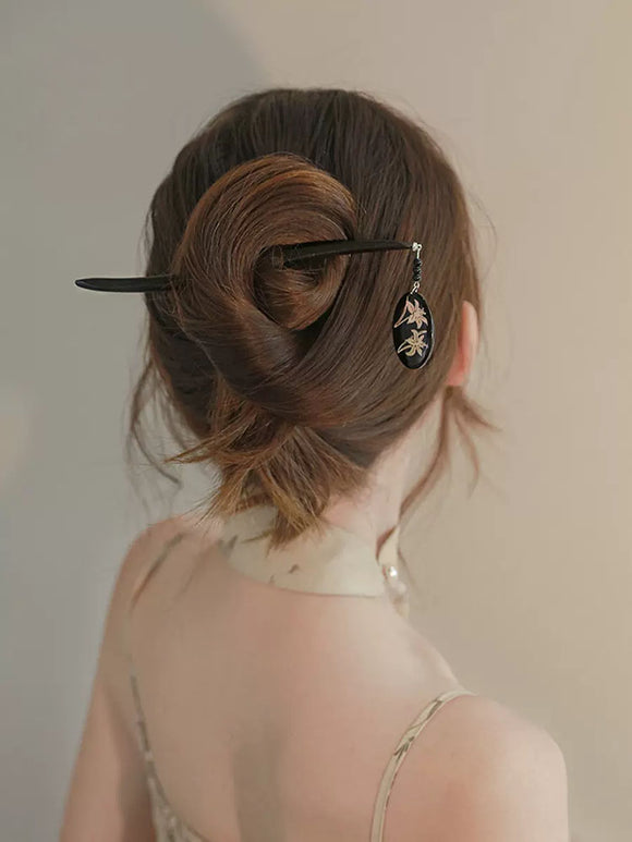 Oriental Element Printed Pendant Hairpin Antique Wooden Hairpin Coiled Hairpin Headdress - Dorabear