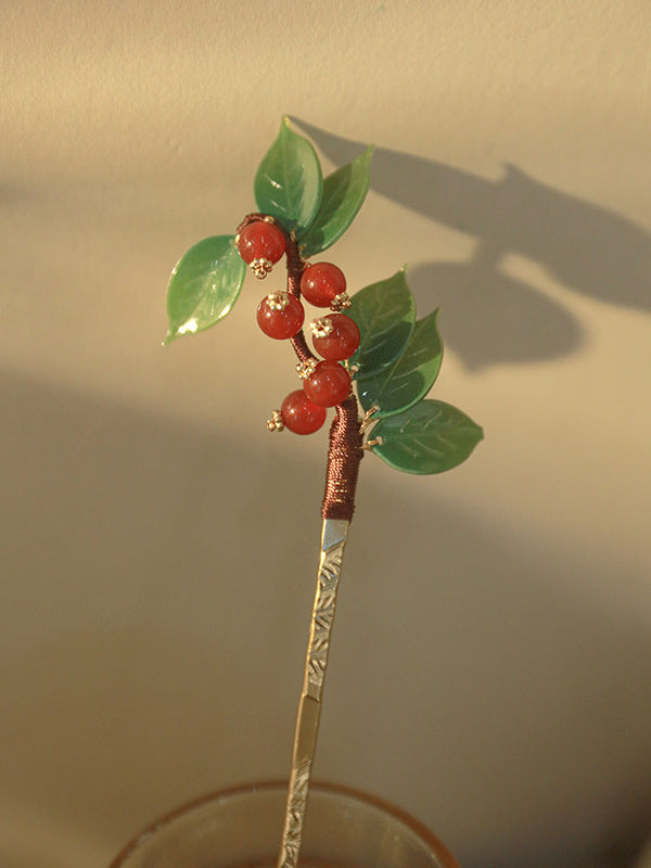 Oriental Elements Red Bean Hairpin Coiled Hair Accessories Antique Cheongsam Headdress - Dorabear