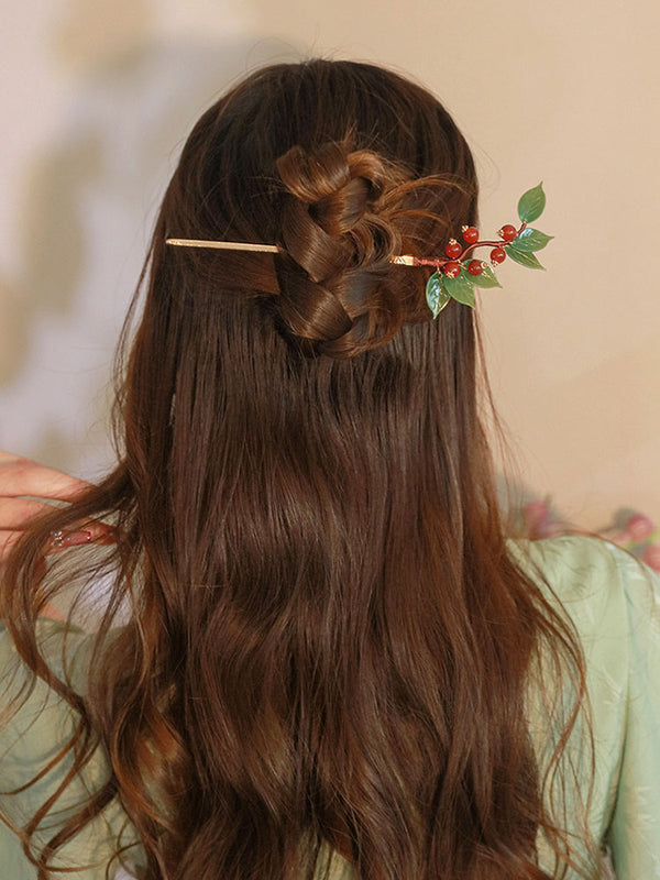 Oriental Elements Red Bean Hairpin Coiled Hair Accessories Antique Cheongsam Headdress - Dorabear