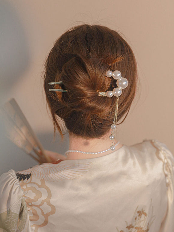 Oriental Style Pearl Tassel U-shaped Hairpin Simple Modern Coiled Hair Headdress - Dorabear