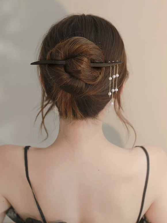 Pearl Tassel Hairpin Wooden Hair Accessories Antique Cheongsam Pan Hair Headdress - Dorabear