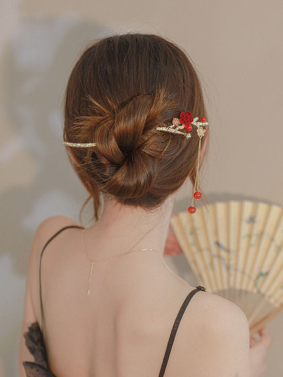 Plum Blossom Tassel Hairpin Antique Cheongsam Head Decoration Coiled Hair Hairpin - Dorabear