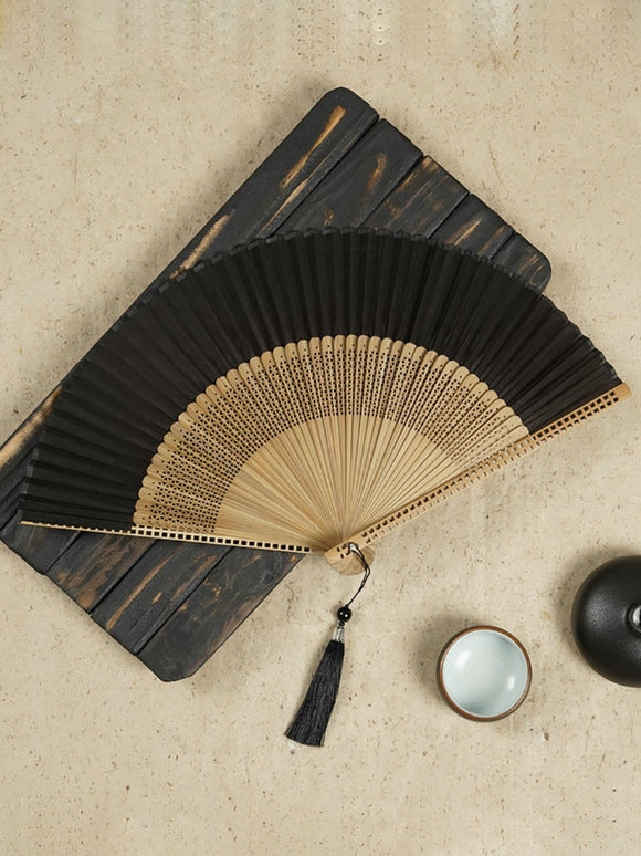 Stitching Colored Bamboo Silk Fan Ancient Style Tassel Folding Fan Dance Props - Dorabear