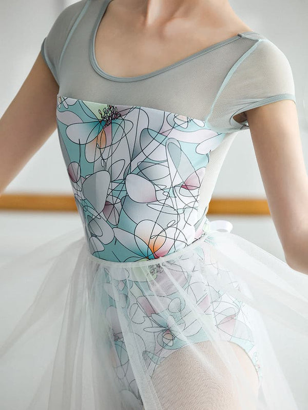 Ballet Practice Clothes Abstract Print Mesh Dance Leotard Rhythmic Gym Jumpsuit - Dorabear