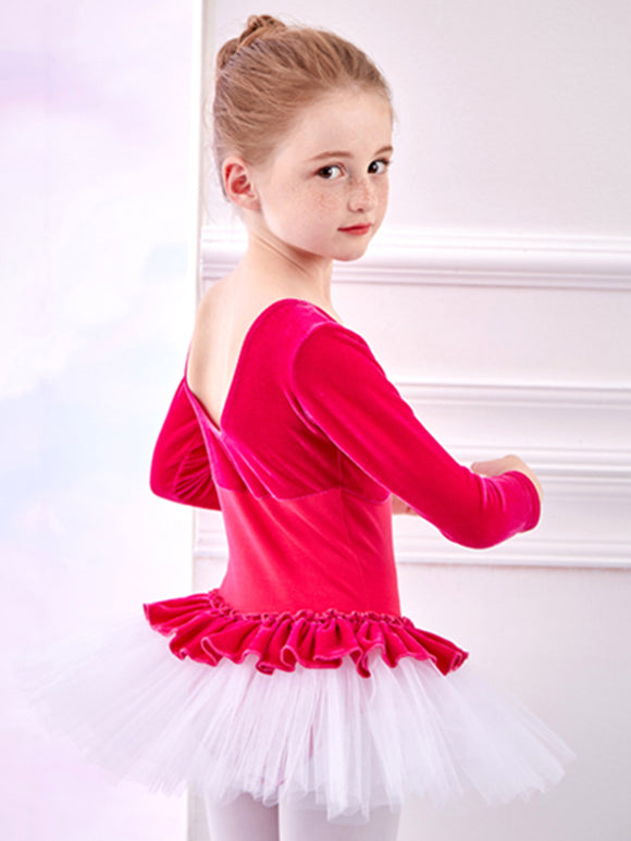 Velvet Stitching One-piece Dance Dress Ballet Long-sleeved Practice Clothes - Dorabear