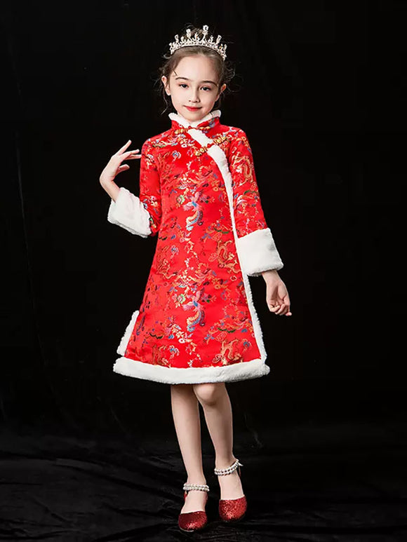Winter Girls' Cheongsam Long Sleeved Tang Dress Oriental Elemes Performance Costume - Dorabear