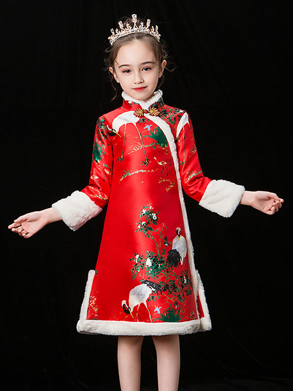 Winter Girls' Cheongsam Long Sleeved Tang Dress Oriental Elemes Performance Costume - Dorabear
