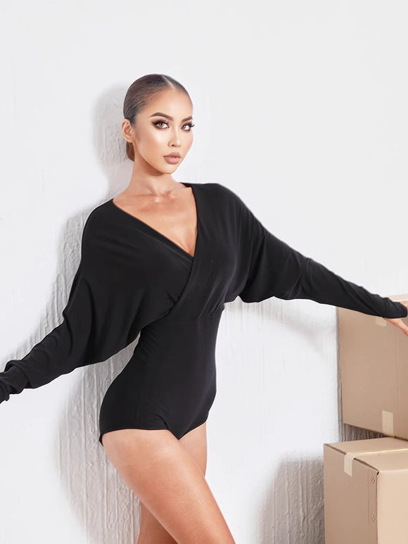 Autumn/Winter V-neck Bat Sleeve One-piece Latin Dance Leotard Training Clothes - Dorabear