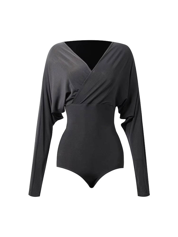 Autumn/Winter V-neck Bat Sleeve One-piece Latin Dance Leotard Training Clothes - Dorabear