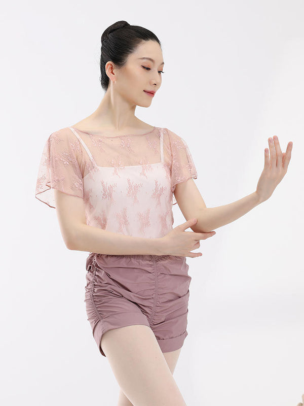 Ballet Dance Crew Neck Lace Short Sleeve Lace Up Top - Dorabear