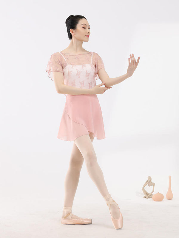Ballet Dance Crew Neck Lace Short Sleeve Lace Up Top - Dorabear