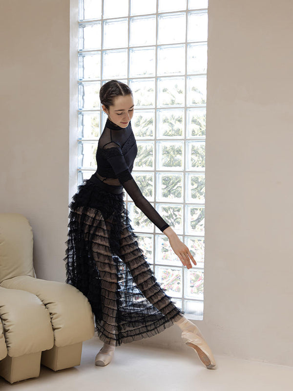 Ballet Dance Mesh Sleeve Lace Patchwork Leotard High Crotch Training Suit - Dorabear - The Dancewear Store Online 