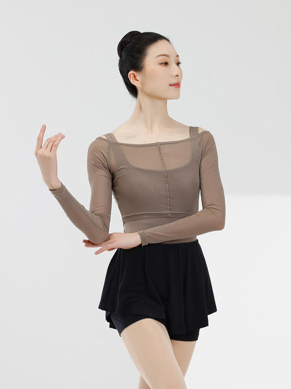 Ballet Dance Off Shoulder Mesh Blouse Long Sleeved Short Top - Dorabear