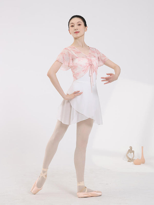 Ballet Dance Printed Mesh Short Blouse Lace Up Pleated Top - Dorabear