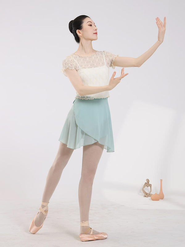 Ballet Dance Stretch Lace Short Sleeve Top Dance Practice Mesh Blouse - Dorabear