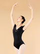 Ballet V-neck Lace Flocking Stitching Leotard Short-sleeved Practice Clothes - Dorabear