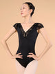 Ballet V-neck Lace Flocking Stitching Leotard Short-sleeved Practice Clothes - Dorabear