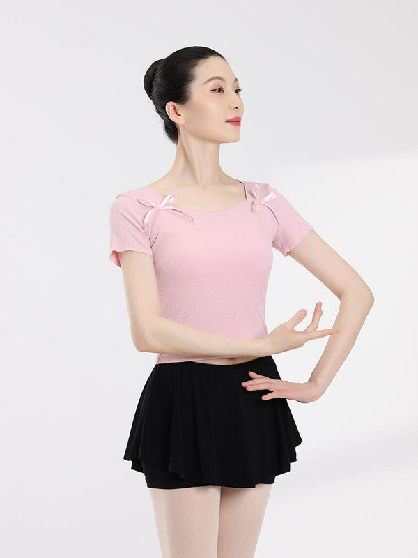 Bow Tie Square Neck Ballet Short Sleeved Top Dance Practice Clothes - Dorabear