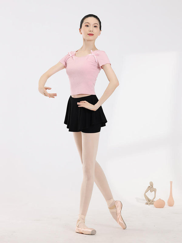 Bow Tie Square Neck Ballet Short Sleeved Top Dance Practice Clothes - Dorabear