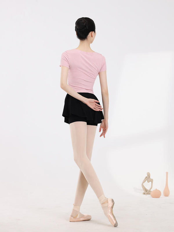 Bow Tie Square Neck Ballet Short Sleeved Top Dance Practice Clothes - Dorabear