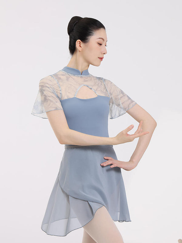 Cheongsam Collar Mesh Printed Ballet Dance Leotard Practice Clothes - Dorabear