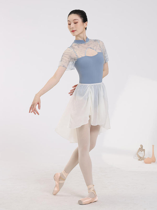 Cheongsam Collar Mesh Printed Ballet Dance Leotard Practice Clothes - Dorabear