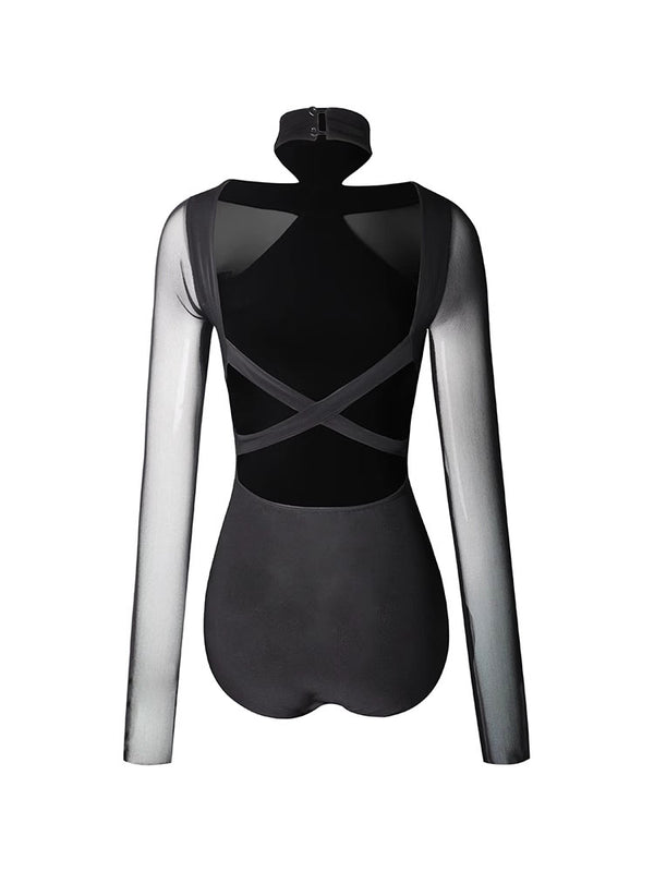 Cross Top with Beauty Back Long Sleeve Leotard Latin Cance Training Clothes - Dorabear