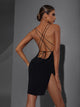 Deep V-neck Strappy Dress with Side Slits Latin Dance Practice Clothes - Dorabear