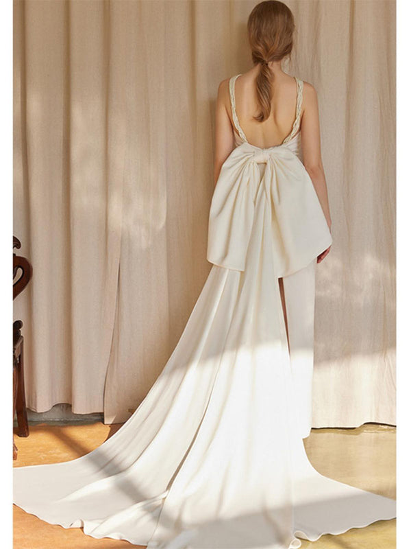 White Long Halter Neck Gown Elegant French Evening Dress Gauze Light Luxury Porm Dress - Dorabear - The Dancewear Store Online 