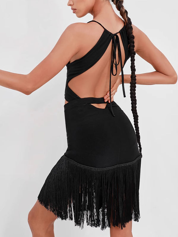 Encrypted Tassel Cut Out Back Skirt Latin Dance Clothes - Dorabear