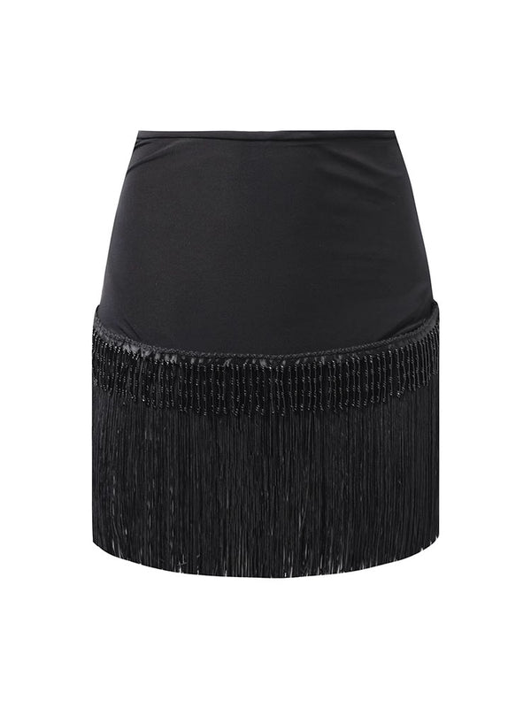 Encrypted Tassel Tube Bead Mini Skirt Latin Dance Practice Clothes - Dorabear