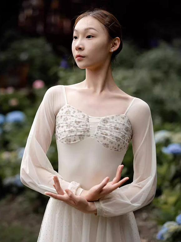 Flower Spliced Square Neck Lantern Sleeves Ballet Training Leotard - Dorabear