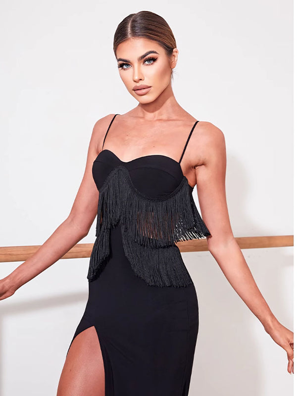 Fringe Hollow Latin Dance Exercise Clothes Suspender Dress - Dorabear