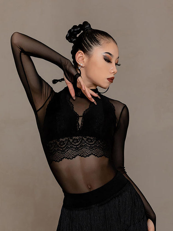 High Neck Long Sleeve Mesh Leotard Latin Dance Training Clothes - Dorabear