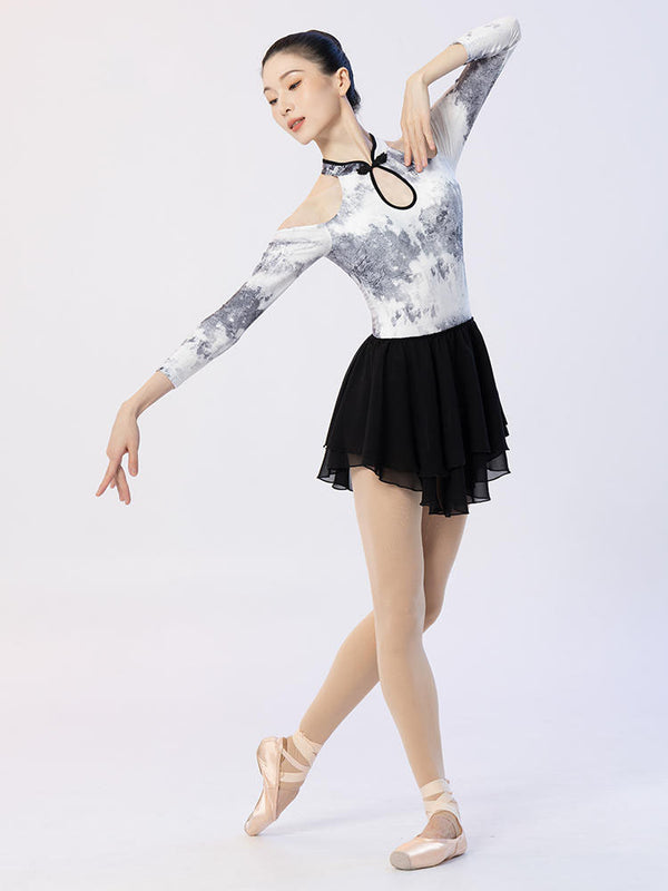 Ink Print Off Shoulder Long Sleeve Ballet Dance Leotard - Dorabear