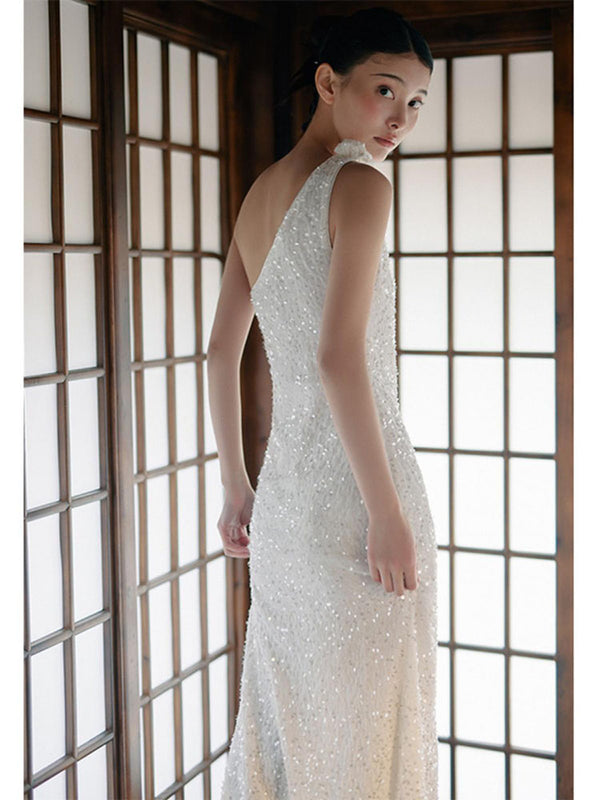 Light Luxury Unique Gown White High-end Fishtail Prom Dress Long Sequin Velvet Evening Dress - Dorabear - The Dancewear Store Online 