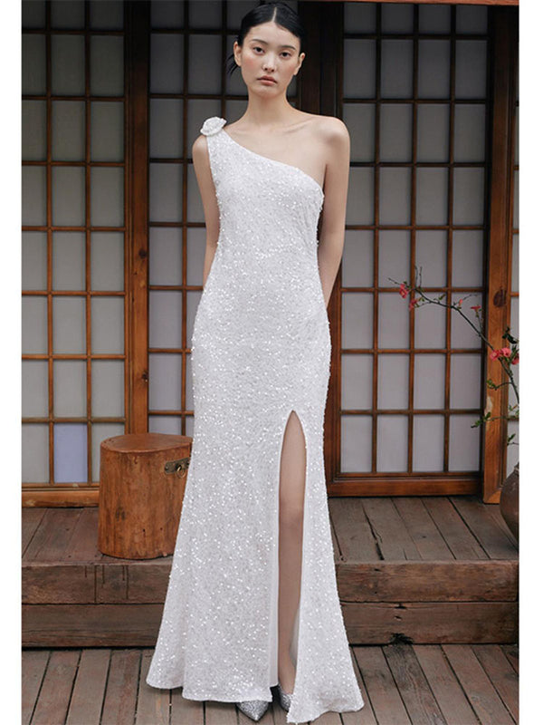 Light Luxury Unique Gown White High-end Fishtail Prom Dress Long Sequin Velvet Evening Dress - Dorabear - The Dancewear Store Online 