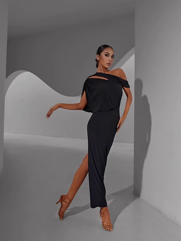 Long Dress Slanting Shoulder Hollow Design Latin Dance Practice Clothes - Dorabear