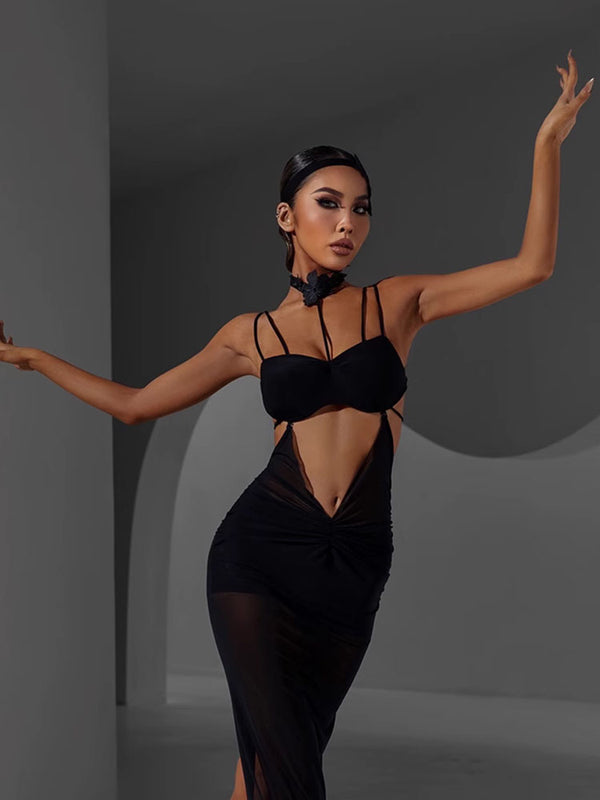 Mesh Suspender Dress Latin Dance Black Practice Clothes - Dorabear