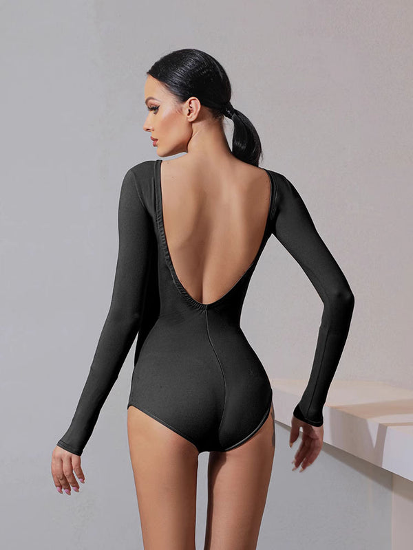 Open Back Brushed Fabric Latin Dance Training Clothing Long Sleeved Leotard - Dorabear