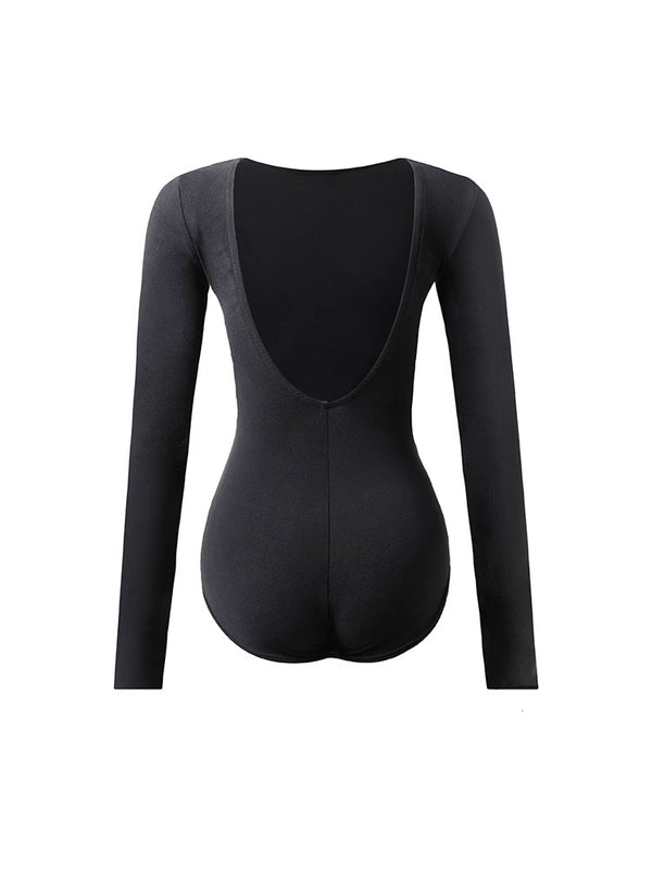 Open Back Brushed Fabric Latin Dance Training Clothing Long Sleeved Leotard - Dorabear