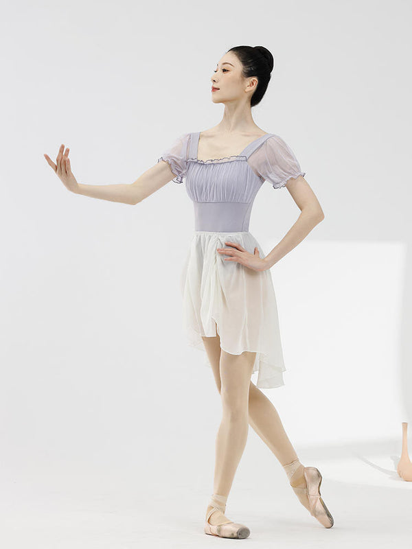 Pleated Mesh Bubble Sleeved Ballet Dance Leotard - Dorabear